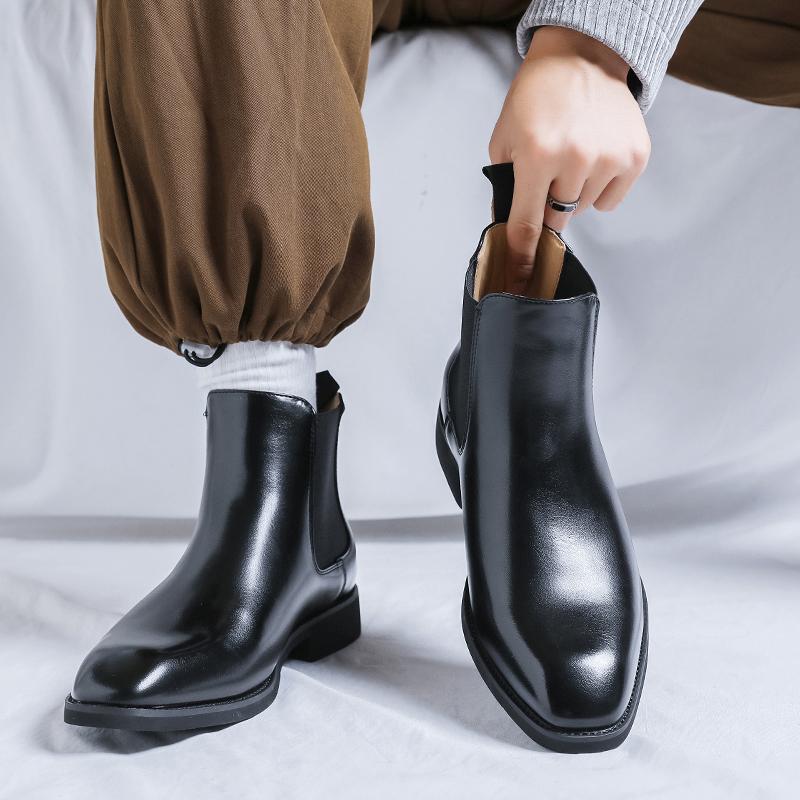 Fashion Pointed Toe Men's Walking Boots Leather Fashion Low Top Shoes Men Luxury Brand Chelsea Male Boots Classic Mens Slip on Shoes