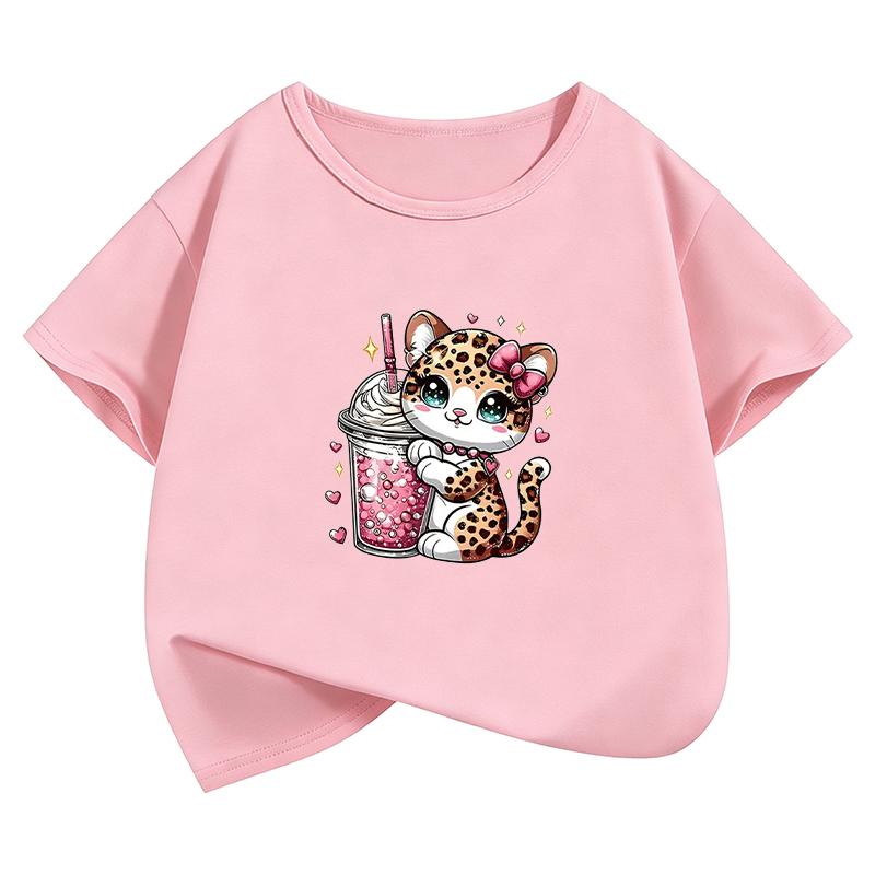 Leopardenmuster Katze T-Shirts Kurzarm Katze Lustig Manga Kinder Kinder T-Shirt Jungen Mädchen Lässiges Oberteil T-Shirt Sommer Frühling