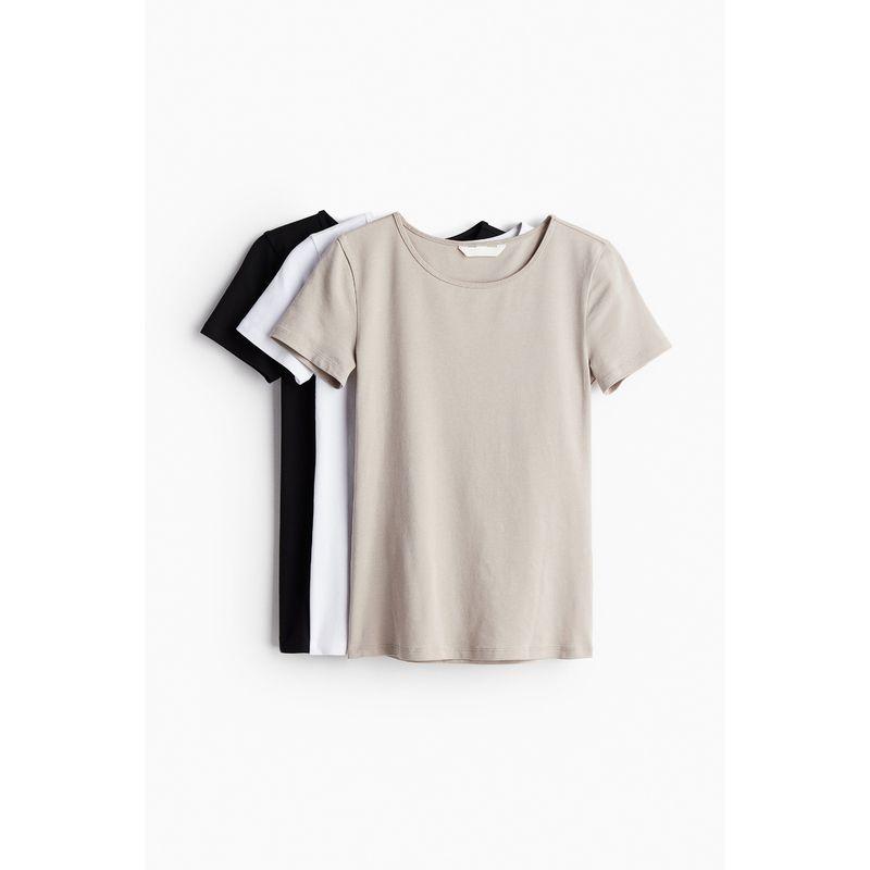 

HM Летняя женская одежда Мода Мягкая Приталенная Прямая Трикотажный набор из 3 предметов Футболка 1166415 Light beige/White/Black 155/80