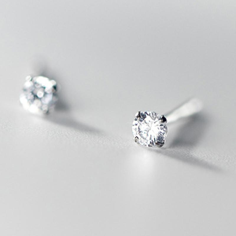 Tiny Round Crystal Stud Earrings Claw Design 925 Silver Piercing Jewelry for Women Simple CZ Zircon Earring Female Gift