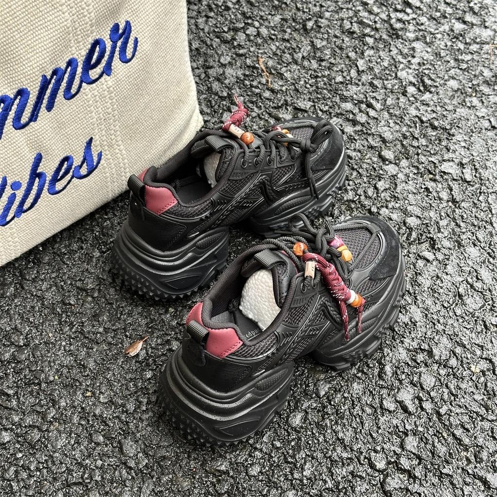 Leather 7cm Platform Dad Shoes Women's Shoes 2025 Autumn New Heightening Explosion Breathable Mesh Casual Sports Shoes