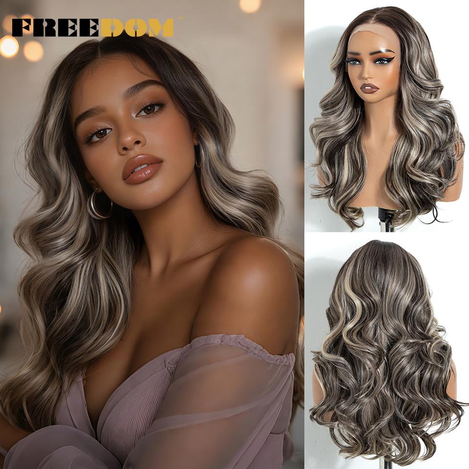 

FREEDOM 13x4 Free Part Body Wave Synthetic Lace Front Wigs For Women 20 Ombre Brown Highlight Daily Party Wigs Heat Resistant (as the picture,20inches&Lace Front Wigs)