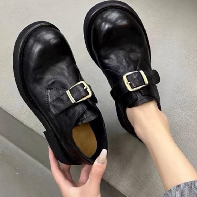Retro Round Scalp Buckle with Thick Heel Loafers Women's Small Leather Shoes 2025 British Versatile Single Shoes Thick Sole and Thick Sole Increase