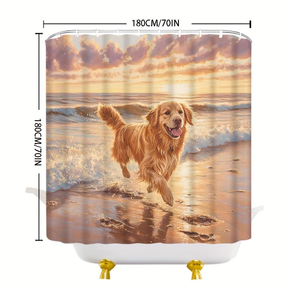 Golden Retriever Läuft Am Strand Duschvorhang Wasserdicht Leicht Zu Reinigen Sichtschutz Druck Sonnenuntergang Ozean Design Haustierliebhaber