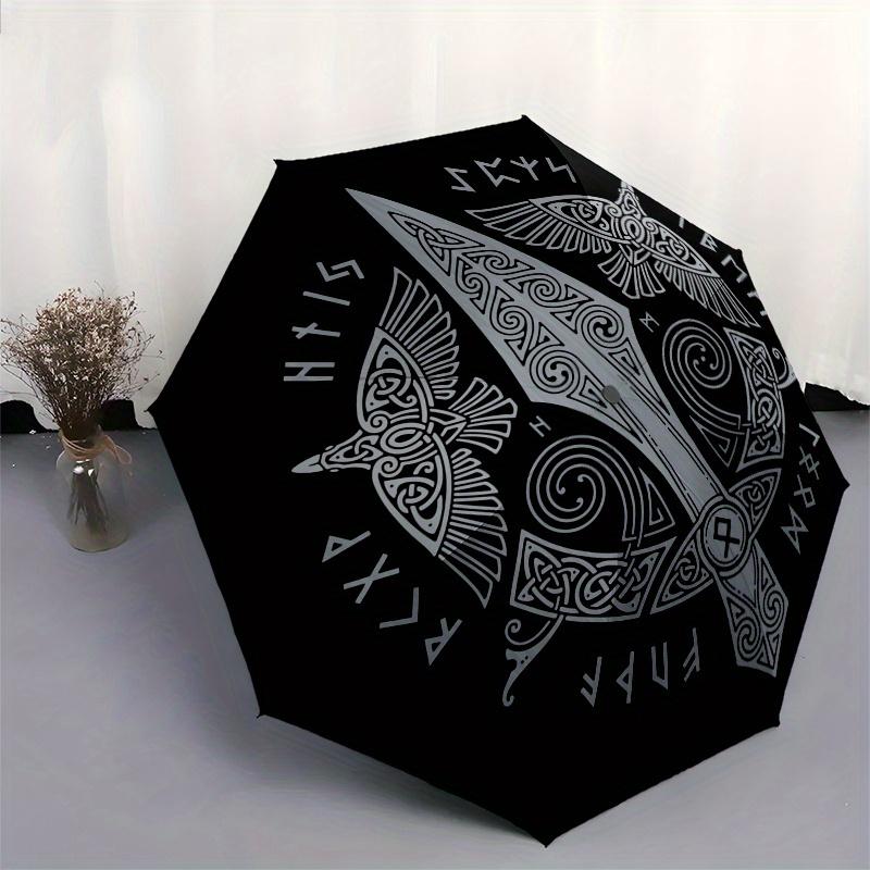 Viking Shield Wall Art, Norse Decor with Spear and Ravens Umbrella, Cute Umbrella with Cute Design, Portable 3-Fold Compact Umbrella for Men & Women,
