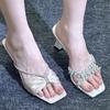 2025 New Summer Nude Rhinestone Square Head Sandals Women's Fine Heel Temperament Beautiful Women's Cool Slippers High Heels