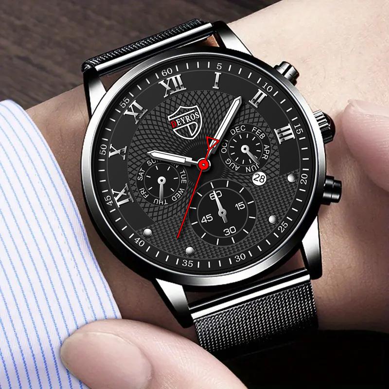 3pcs/set, 1pc Men's Luxury Business Stainless Steel Mesh Band Quartz Watch & 1pc Bracelet & 1pc Necklace with