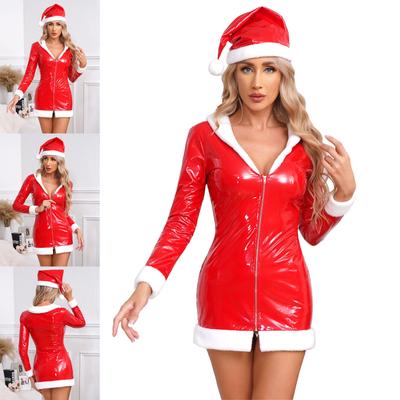 Women's Christmas Clubwear Long Sleeve Front Zipper A-Line Dress with Hat