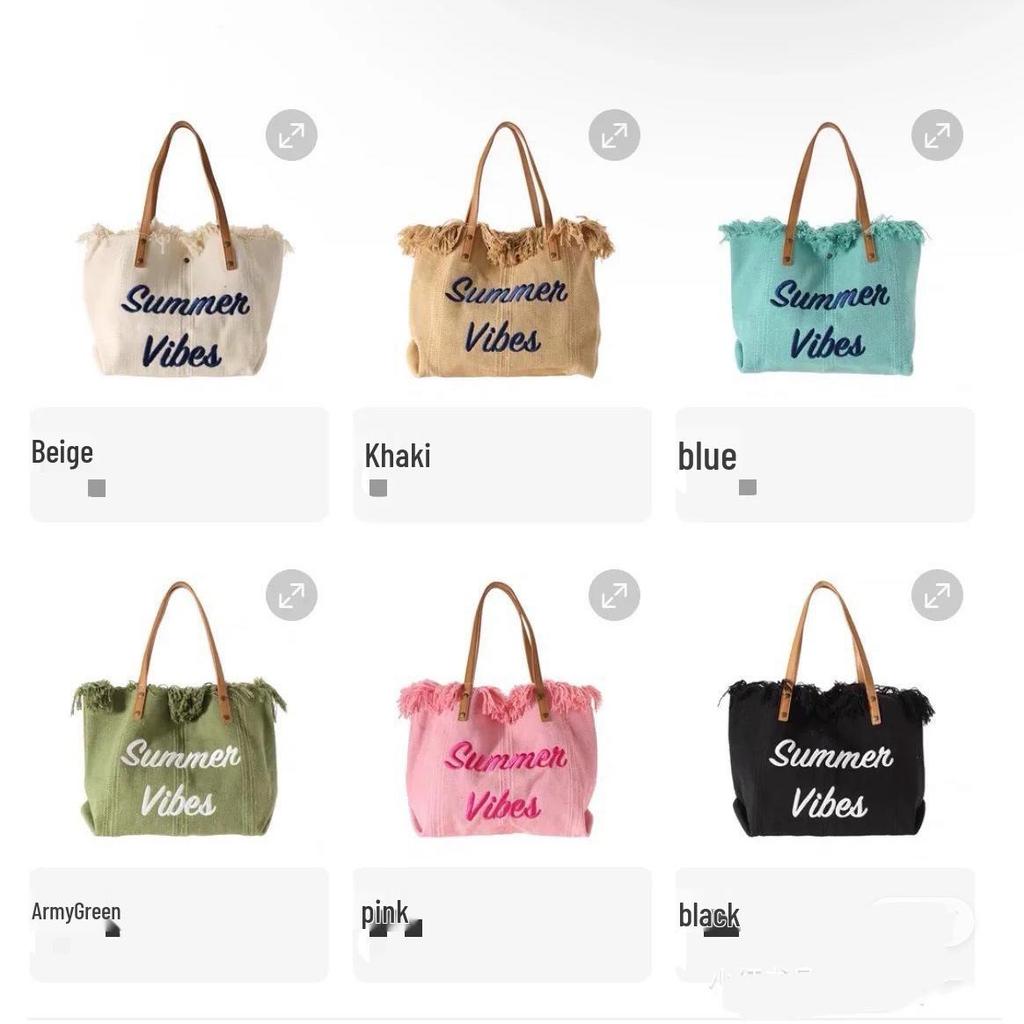 Korean Canvas Embroidered Tote: Versatile Women's Woven Beach Handbag with Tassel