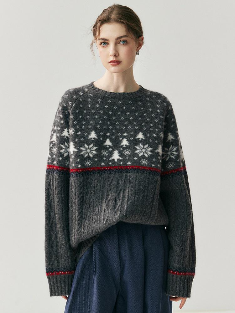 Women's Cashmere Snowflake Drop-Shoulder Sweater - Warm, Super Thick Crew Neck for Autumn/Winter
