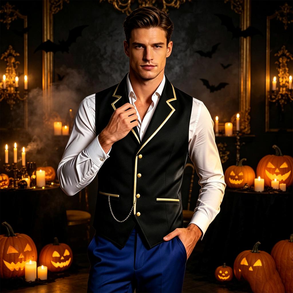 Men's Steampunk Single-Breasted Vest Costume with Gold Collar for Halloween Party