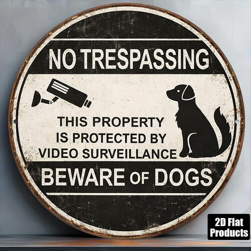 D Flat Pc InXCm D Flat Round Sign Retro Plaque About No Trespassing Dog Video Surveillance Beware of Dog Warni