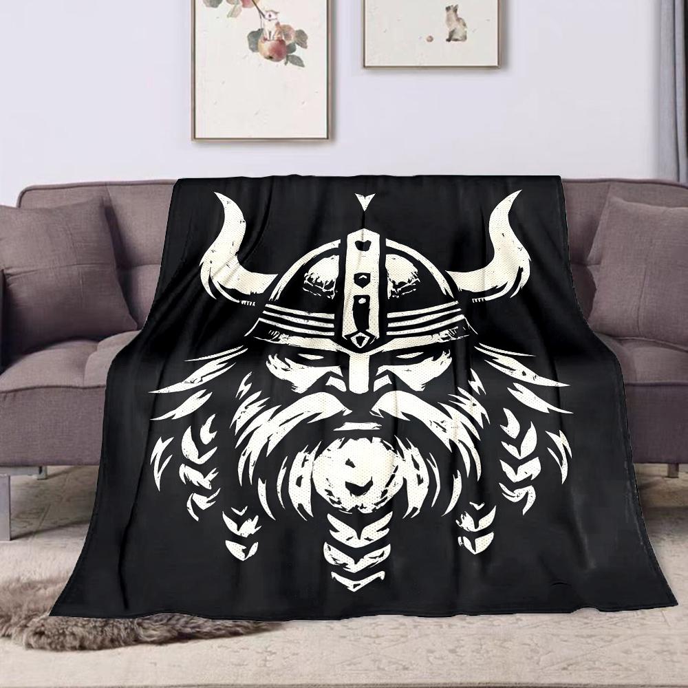 "Viking Warrior Helmet Illustration" Patterned flannel blanket perfect for the bedroom living room, sofa, or a little nap
