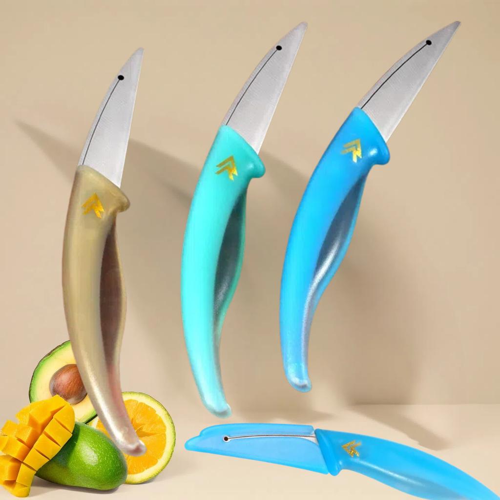 Delfinförmiges Obstmesser mit Sicherheitsscheide Weicher ergonomischer Griff 5Cr15 Stahlklinge für Äpfel Tomaten und Küchenwerkzeuge