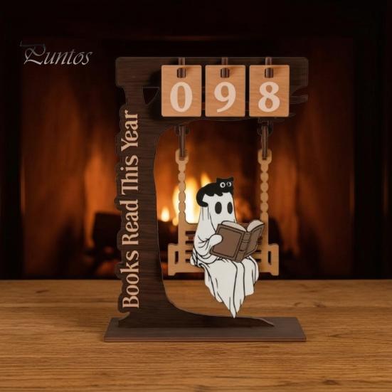 Unique Gift for Book Lovers Halloween Read This Year Counter, Funny Ghost Swing Wooden Ornament, Inspired Bookish Decor Gothic Reading Figurine