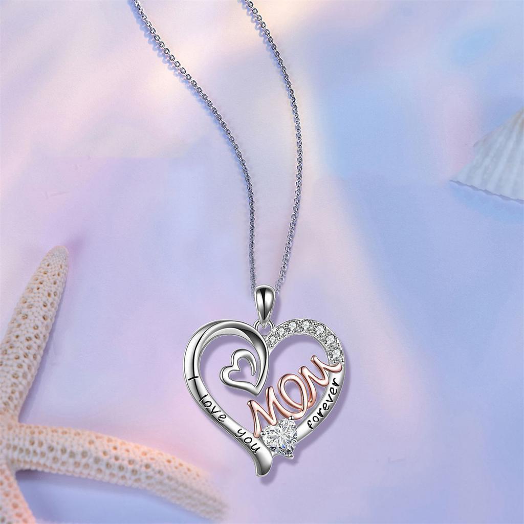 Elegant White K-Plated 'Love Heart' Mom Pendant Necklace Chic & Treasured Gift for Mother's Day