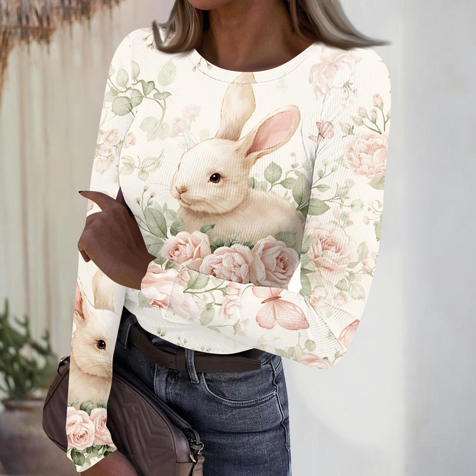 Женский повседневный модный полосатый топ с круглым вырезом и пасхальным принтом, с длинным рукавом XL бежевый