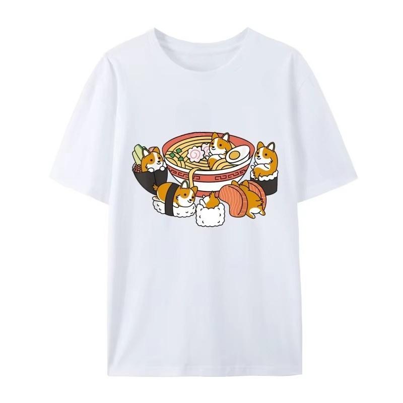 Ramen Sushi Corgi Dog Camisa Top women men T-Shirts Tees Pure Cotton Casual Tshirts Printing Boy Autumn and winter innerwear
