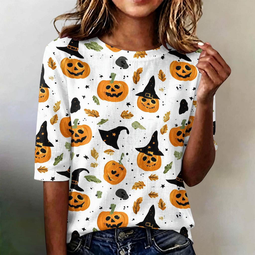 Women's Casual Loose Fit Short Sleeve T-Shirt Round Neck Lightweight Halloween Graphic Top for Everyday Wear