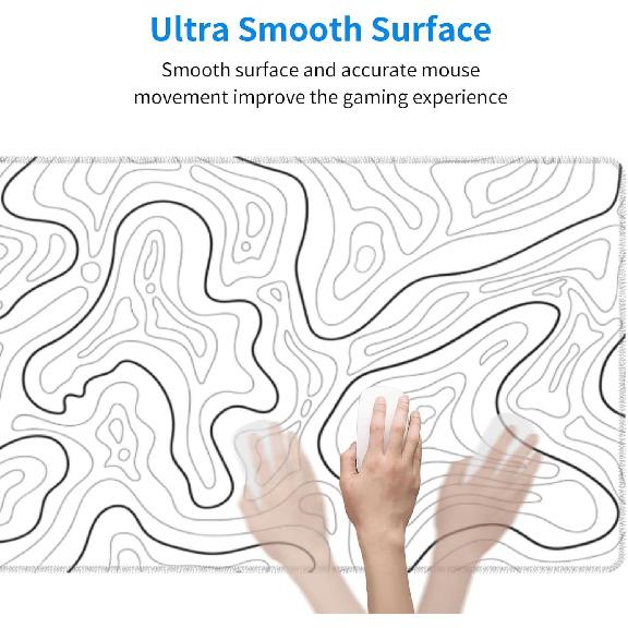 Abstract Topographic Map White Grey Black Gaming Mouse Pad Long Mouse Pad Large Desk Mat 31.5 X 11.8 Inch Mousepad with Non-Slip Base Stitched Edge