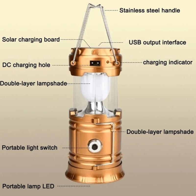 Solar Camping Light Lamp Portable Lantern USB Rechargeable LED Flashlight Waterproof Torch Power Bank For Outdoor Fishing Hiking