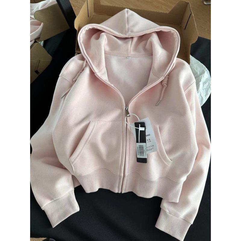 Korean Style Women's Hooded White Sweater Jacket with Zipper Cardigan