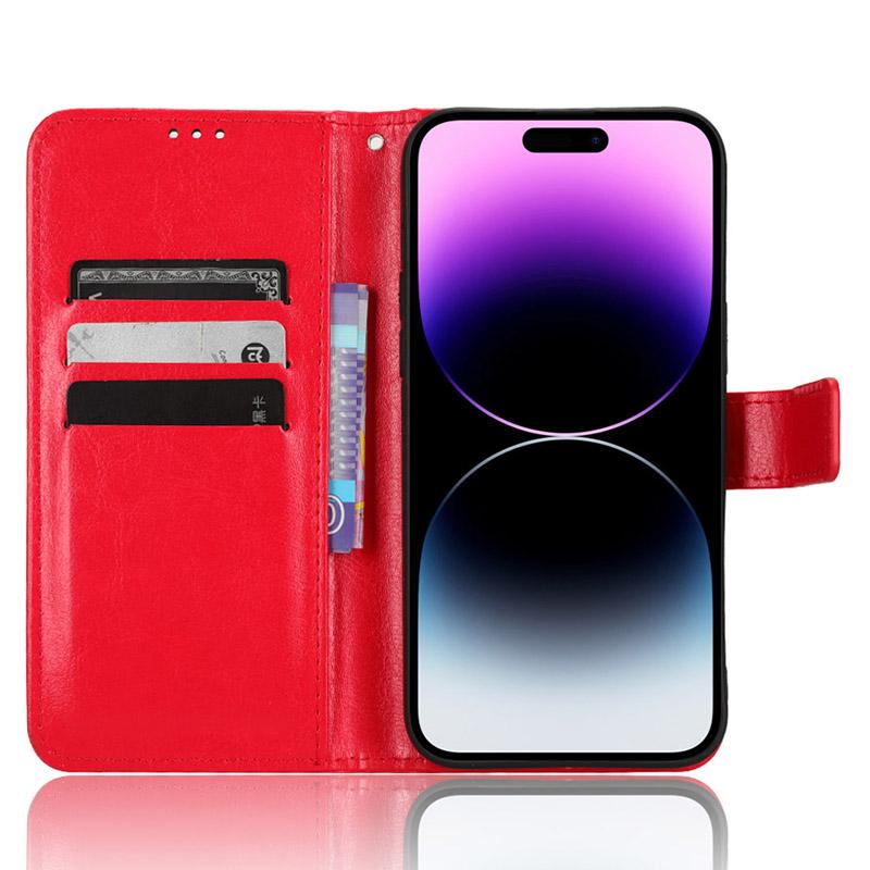 

For iPhone 15 Pro Case Crazy Horse Texture PU Leather Wallet Protective Phone Cover Red