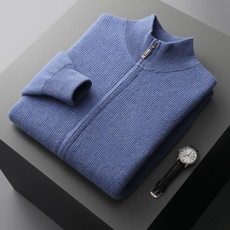 Autumn Winter Men Zipper Cardigan Mock Neck Thick Cashmere Sweater Merino Woolen Knitwear Smart Casual Sweater Coat