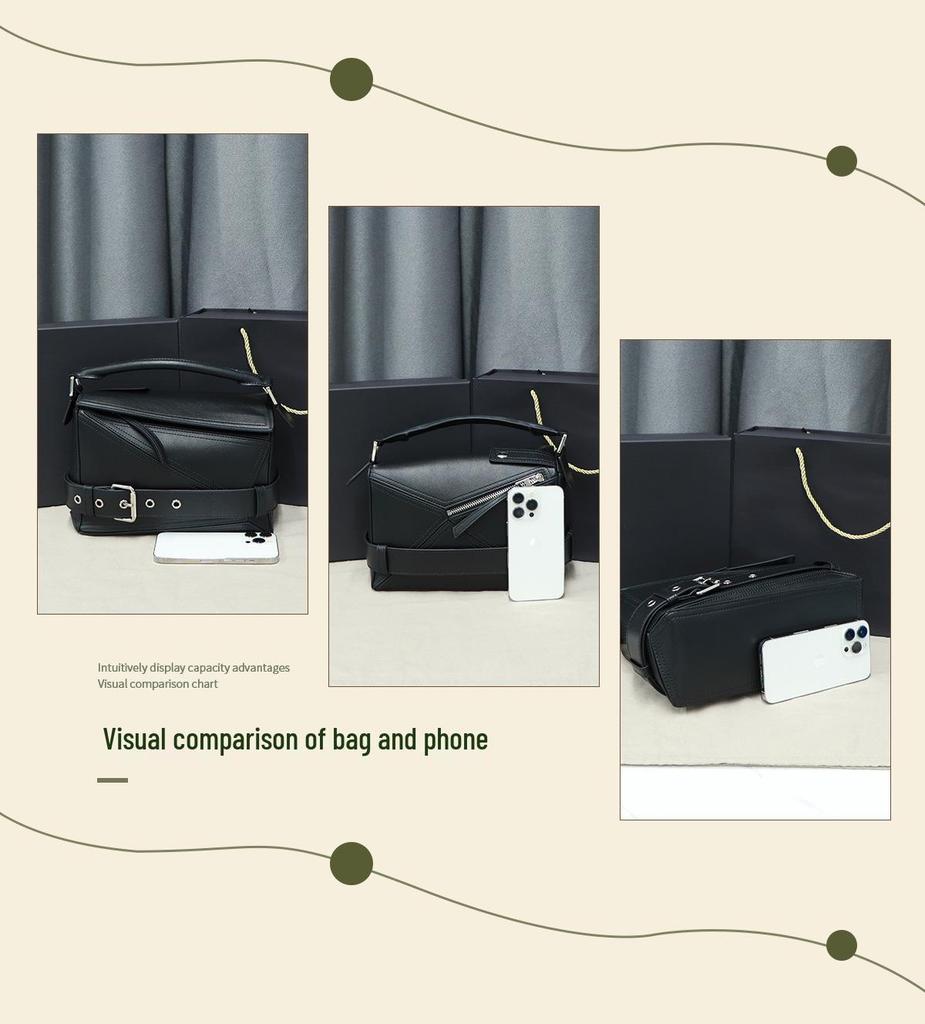 Damen Crossbody-Tasche aus echtem Leder mit geometrischem Patchwork und Biker-Stil Gürtelschnalle