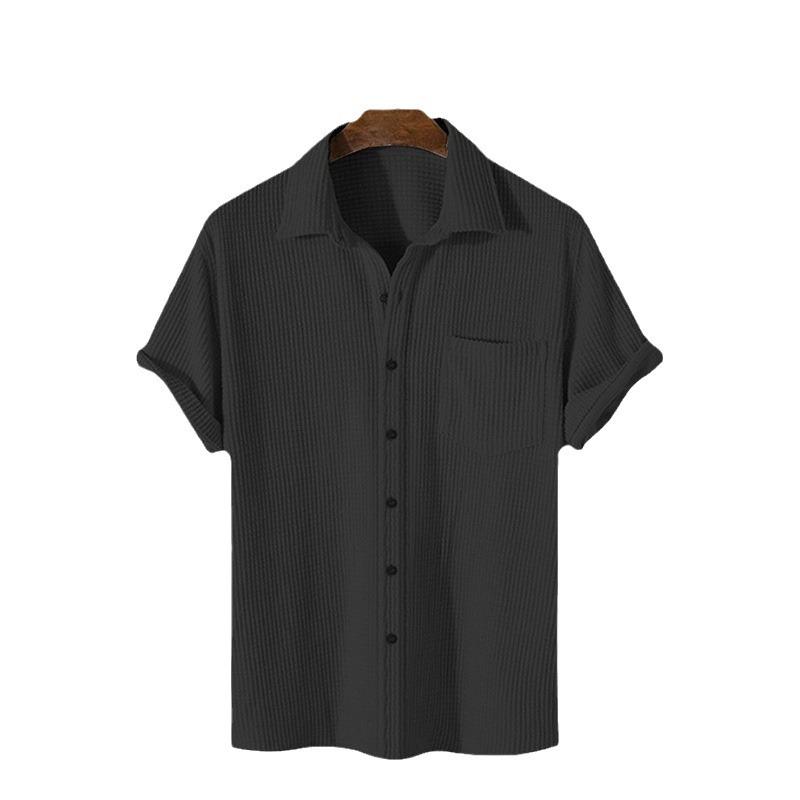 Men's 2025 Summer Waffle Solid Color Single-Breasted Turn-Down Collar Shirt