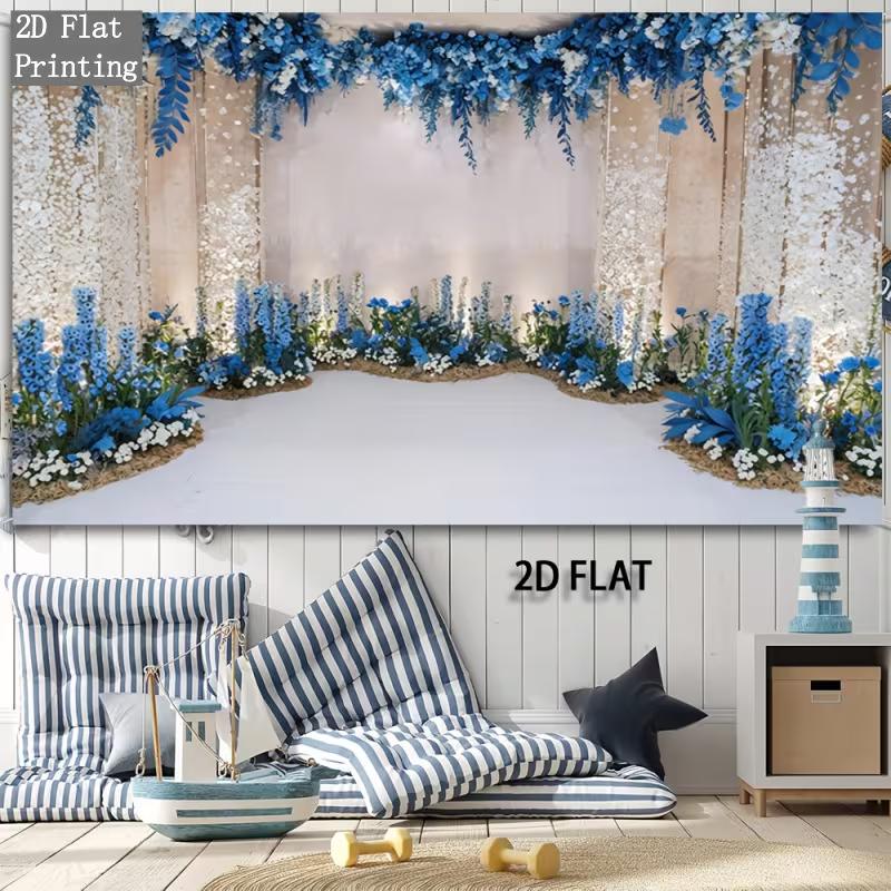 2D Flat Blue & White Floral Wedding Banner Elegant Blue Flower Arch Backdrop for Wedding Photoshoot