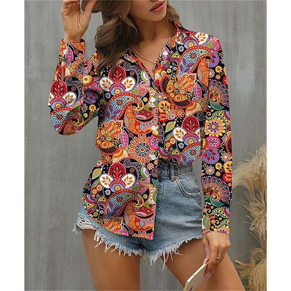 Women's T-shirt Street Fashion Clothing Long Sleeve Button Slim Fit Top Pattern Printed T-shirt Clothing Casual Loose T-shirt