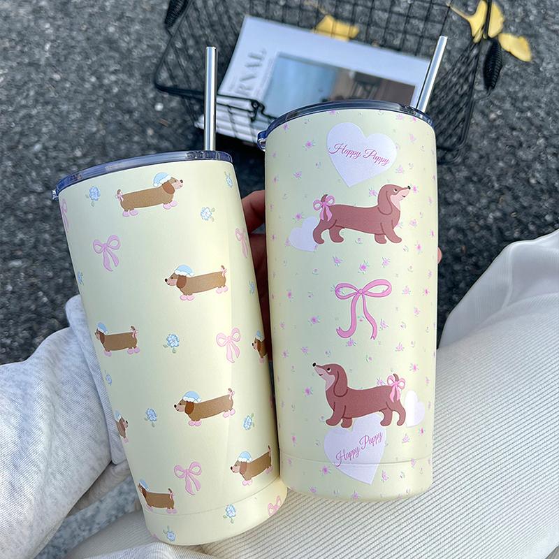 Cute Korean Thermos Cup Tumbler For Coffee Tea Beer Juice 550ml Kawaii Sainless Steel With Straw Thermal Cup Water Bottle Gift