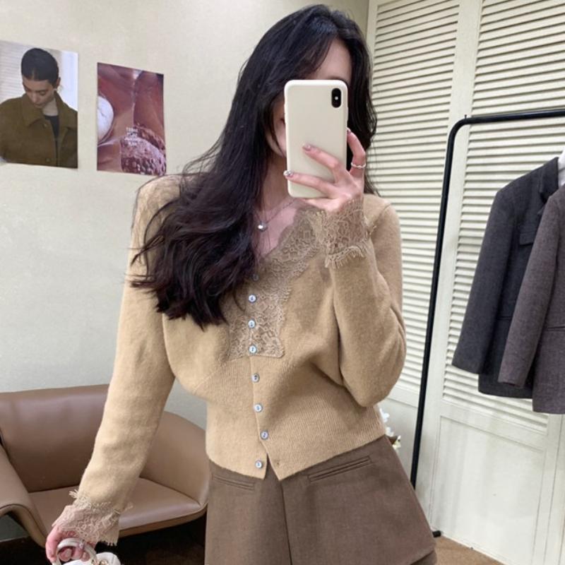 

Осенний длинный рукав базовый кардиган куртки женские элегантные облегающие V-образный вырез вязаные женские свитера пальто зимние кружевные пэчворк кардиганы свитер 25854 One Size