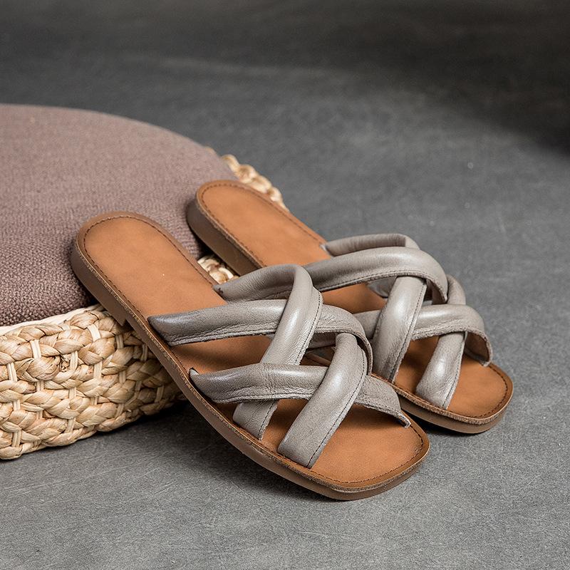 Johnature Genuine Leather Breathable Women's Flat Slippers Retro Versatile Soft Sole Roman Sandals
