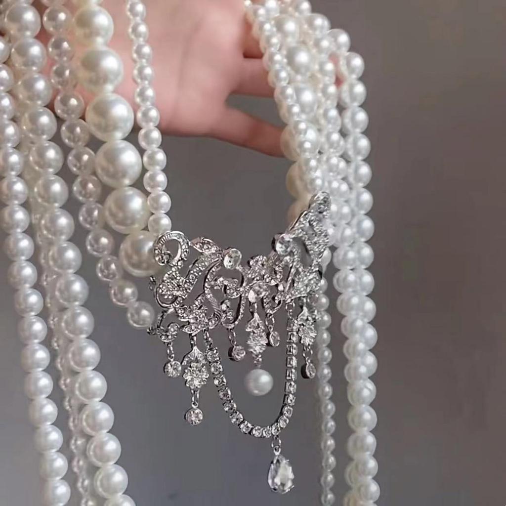 Multi Layer Simulated Pearls Necklace Adjustable Length Clavicle Chain Layering Neckchain Handmade Jewelry For Women