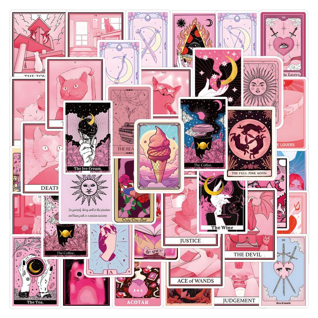 55 Cartoon Pink Tarot Graffiti Stickers - Waterproof DIY Decoration for Guitar & Suitcase