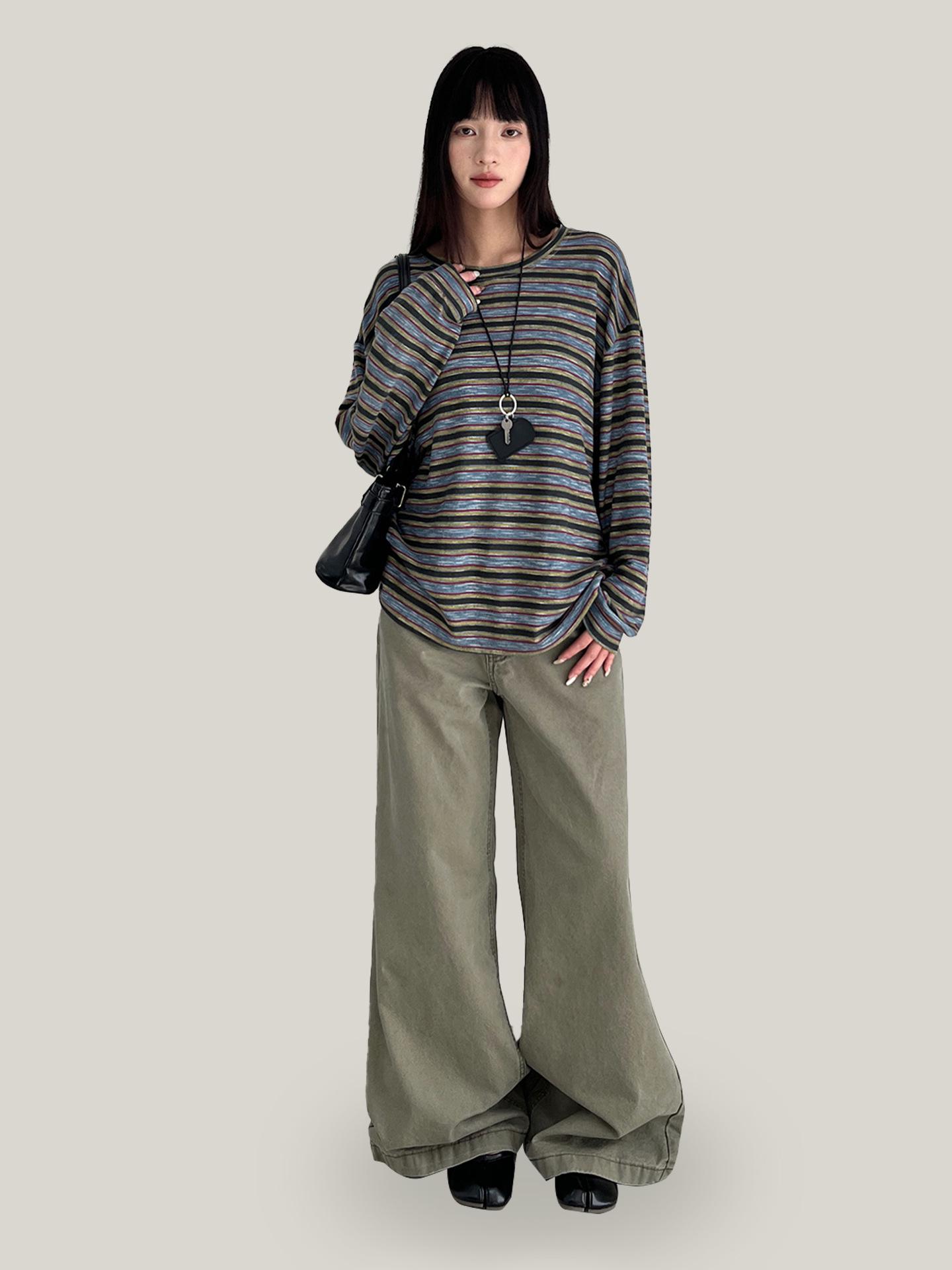 Yuyi 2026 Spring Retro Color Block Striped Women s Long Sleeve Loose T-shirt m3927 One Size