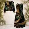 Women Plus Size Two Piece Dress Set Round Neck Long Sleeve Printed Dark Green Black With Pockets