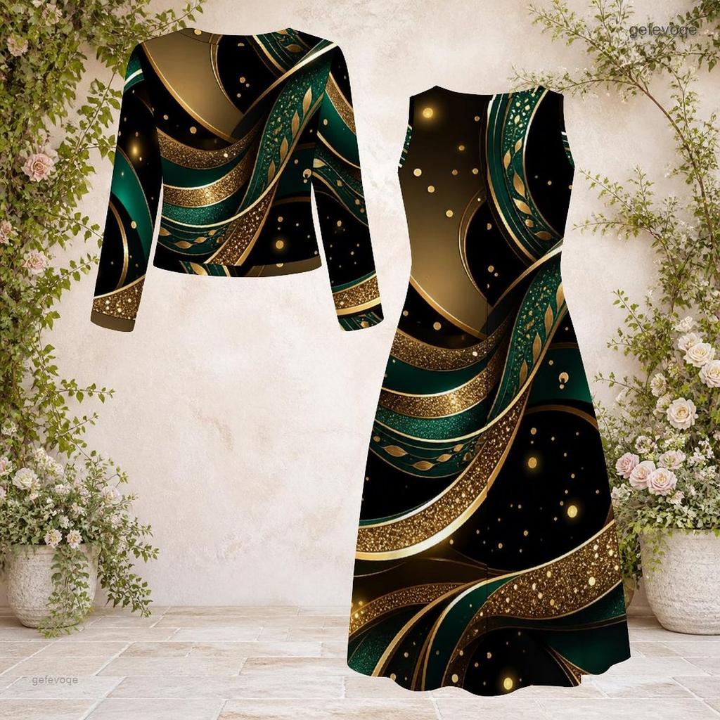 Women Plus Size Two Piece Dress Set Round Neck Long Sleeve Printed Dark Green Black With Pockets