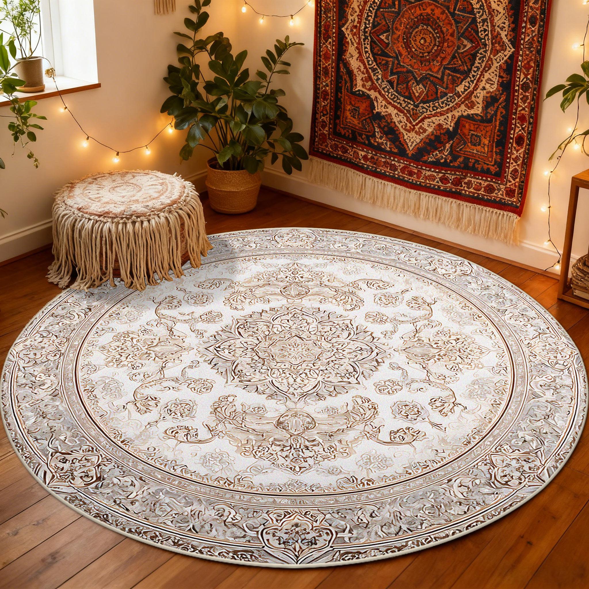 

Bohemian Retro Ivory Antiskid Bedroom Round Rug Room Decoration Aesthetic Soft Carpet Easy Clean Lint-free Coffee Tables Mats 80x80cm