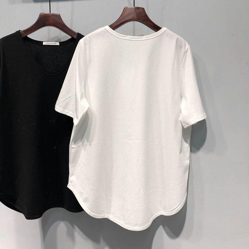 T-shirt Women Cotton Summer Casual Large Size Loose Solid Color V-Neck Pullover Short-sleeved Tops