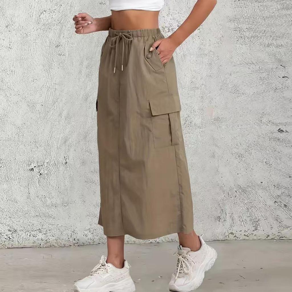 Women's Fashionable Solid Color Drawstring Elastic High Waisted A-line Pocket Back Slit Skirt