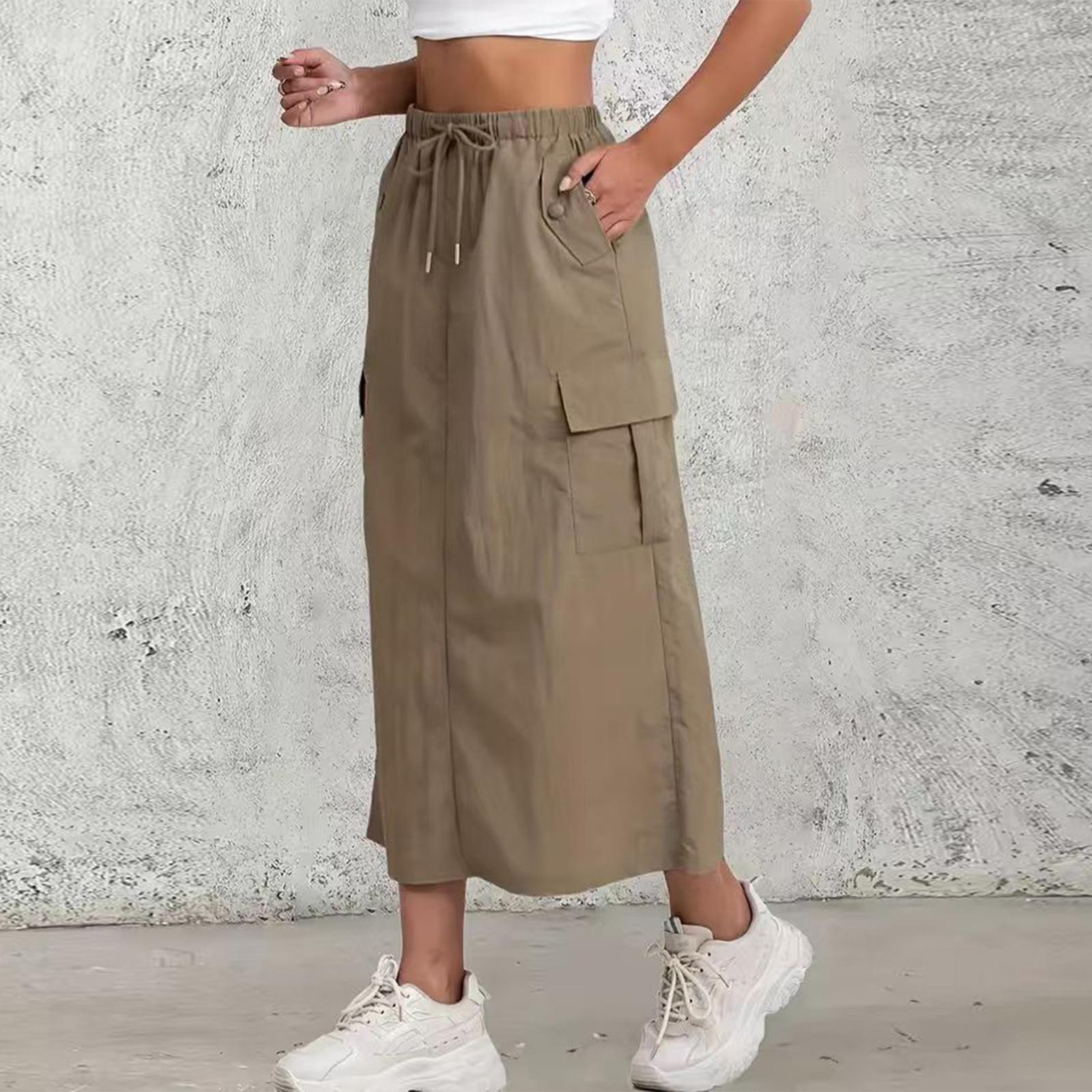 

Women s Fashionable Solid Color Drawstring Elastic High Waisted A-line Pocket Back Slit Skirt S верблюд
