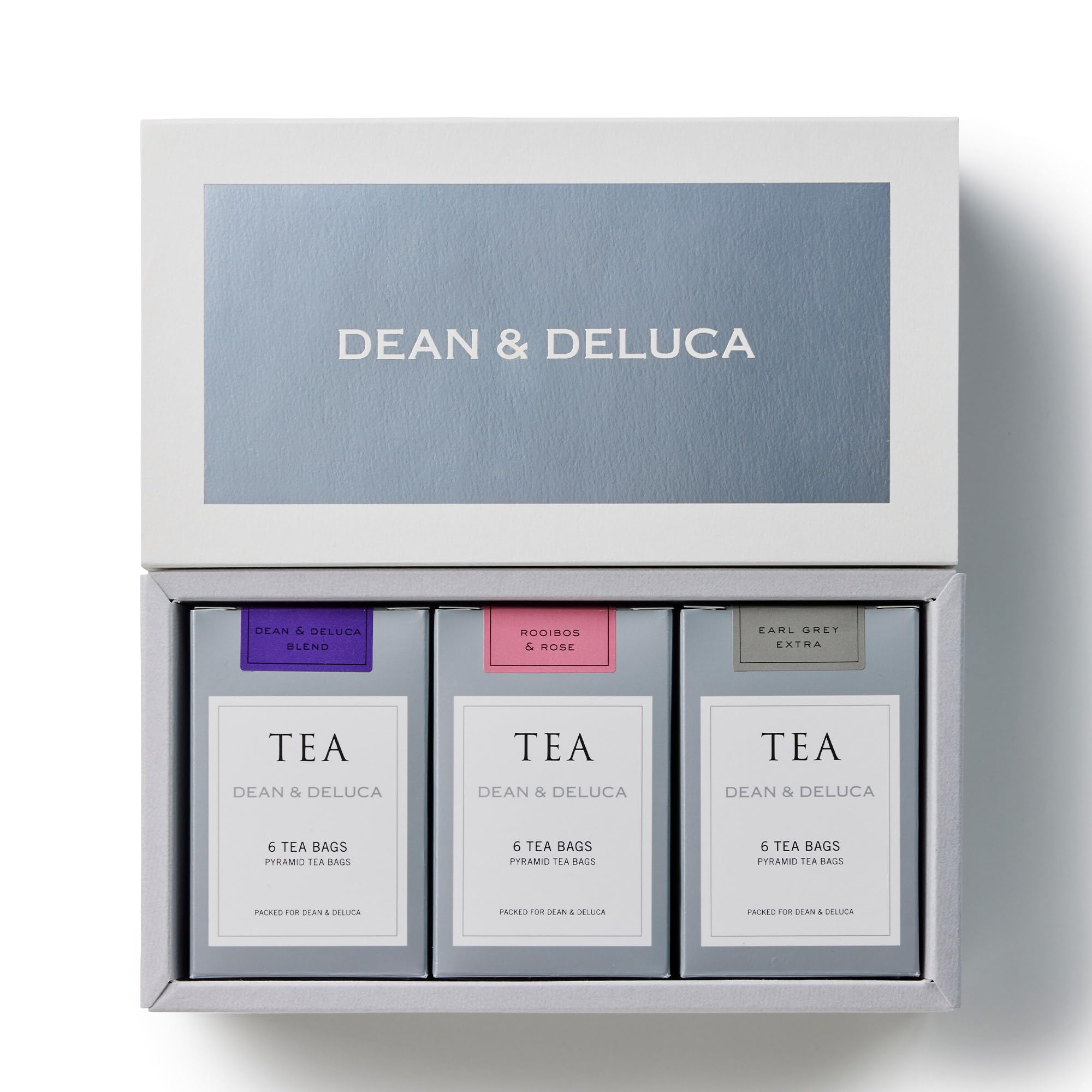 

DEAN DELUCA Tea Collection Gift Set Deluca Earl Grey Rooibos Tea Box & 3-Piece (Dean & Blend, Extra, & Rose) Bags, 6-Pack