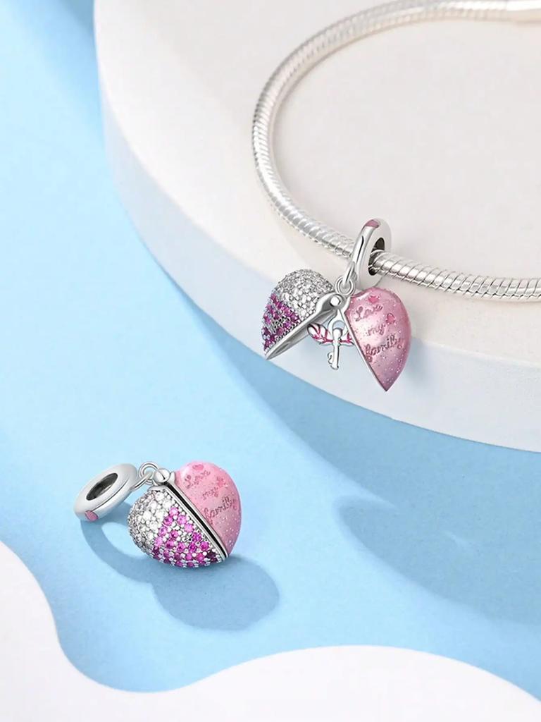 Charms Plata Copper Colors Sweet Diamond Heart Beads Charm Pendant For Original Bracelet For Women Diy Jewelry Love Gift