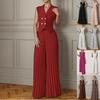 Red Sleeveless Blazer Vest and Pleated Wide Leg Pants Set
