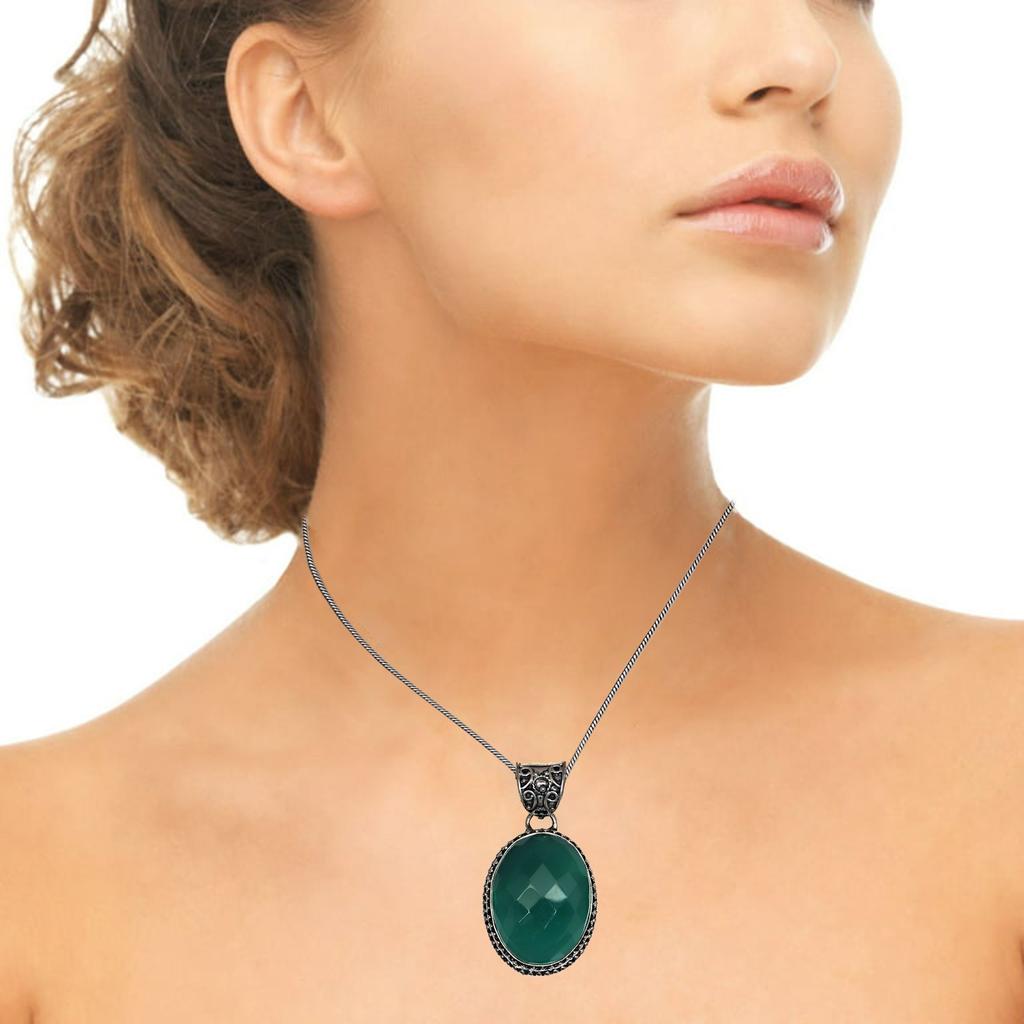 Green Onyx Gemstone Mother's Day Handmade Silver Jewelry Pendant  1.75"