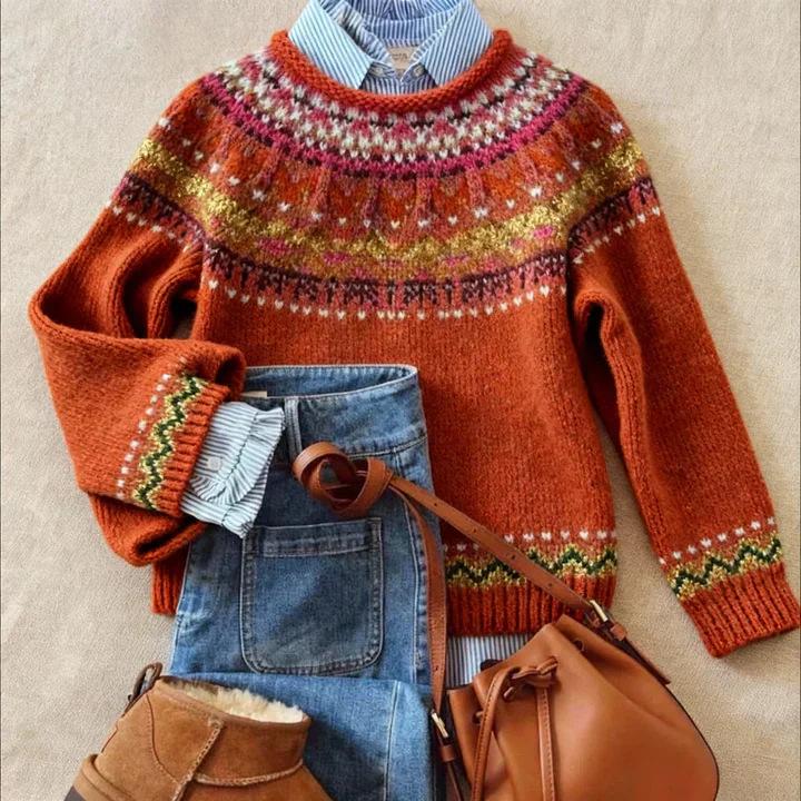Women's European Retro Fair Isle Long Sleeve Color Block Knitted Sweater Top