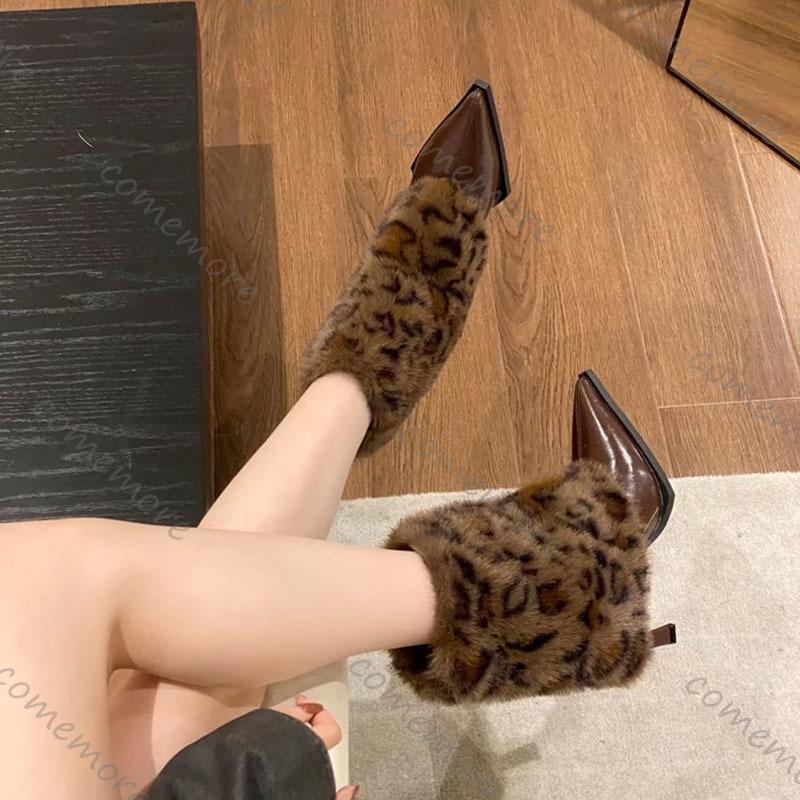 Fashion Comemore Autumn Winter Pointed Sexy Leopard Print Fur Boots for Women Padded Warm Temperament High-heeled Short Bota Feminina